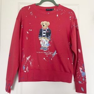 Polo Ralph Lauren Paint Splatter Script Polo Bear Sweatshirt Sz M Starboard Red